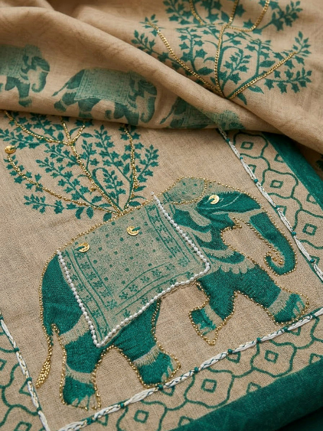 Rama Green Linen Blend Printed Unstitched Dress Material
