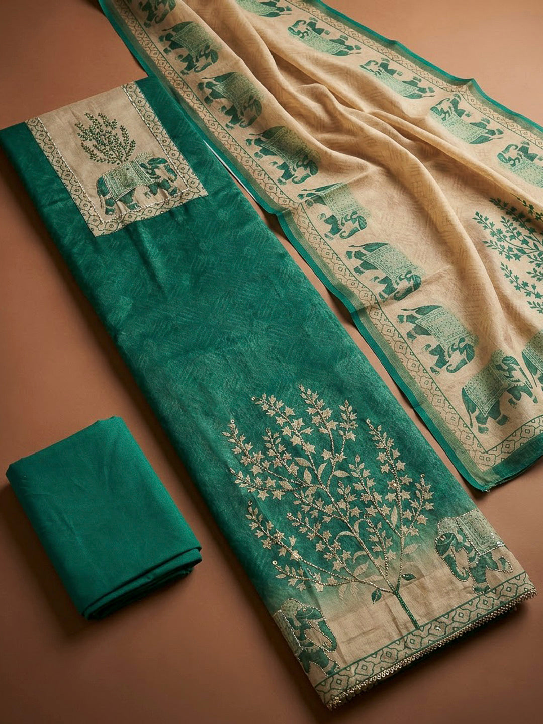 Rama Green Linen Blend Printed Unstitched Dress Material