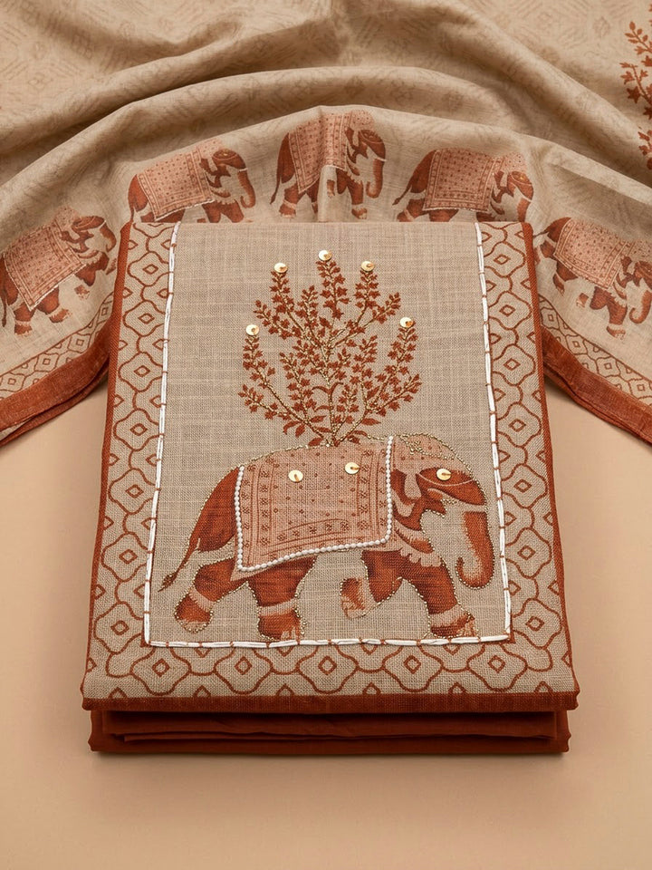 Rust Linen Blend Printed Unstitched Dress Material