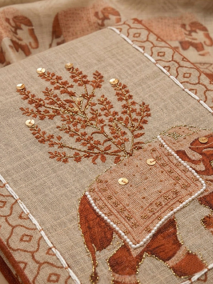 Rust Linen Blend Printed Unstitched Dress Material