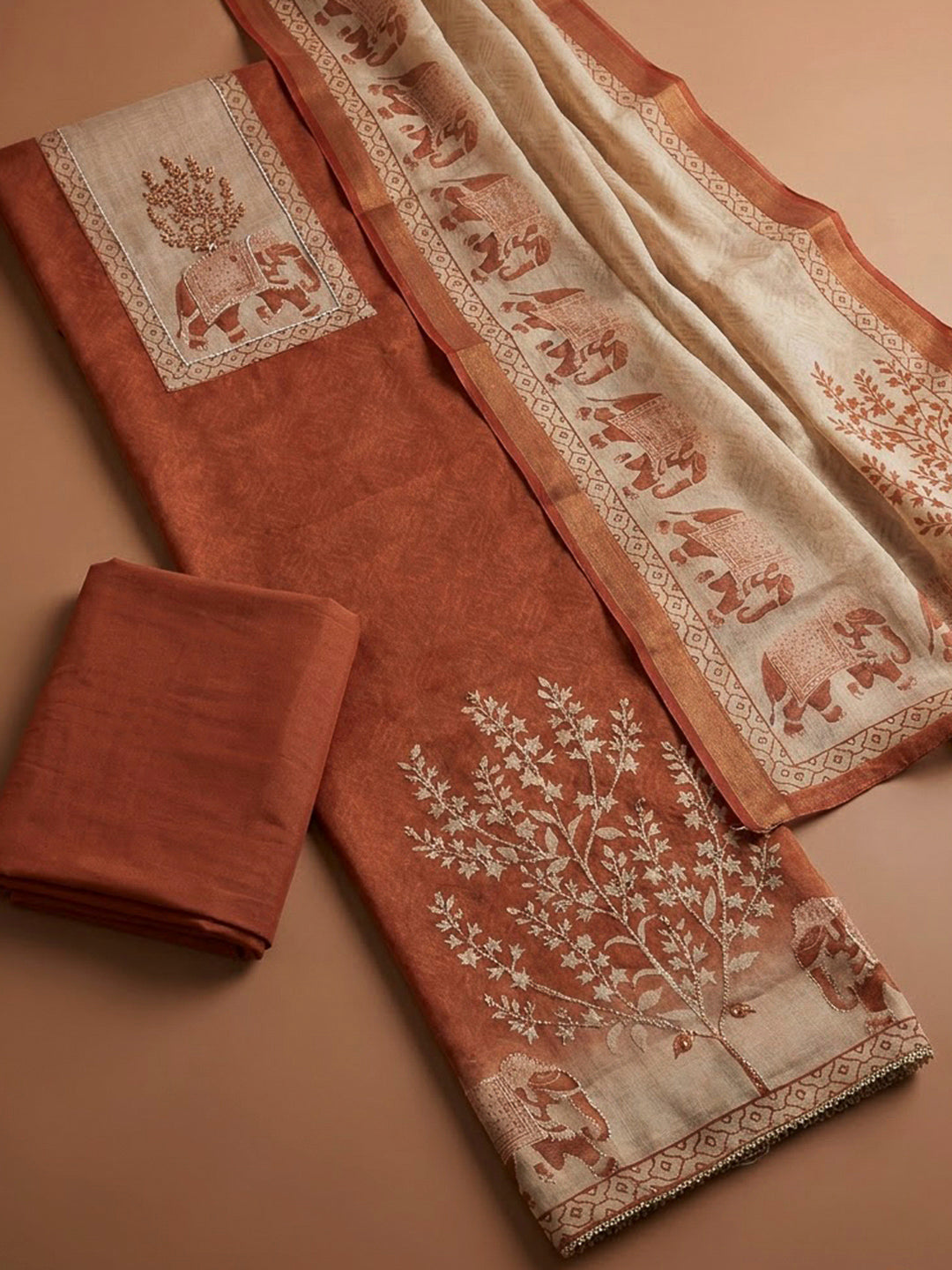 Rust Linen Blend Printed Unstitched Dress Material