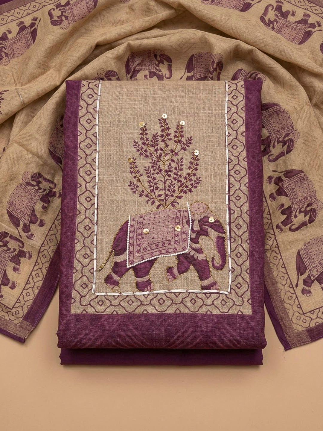 Wine Linen Blend Printed Unstitched Dress Material