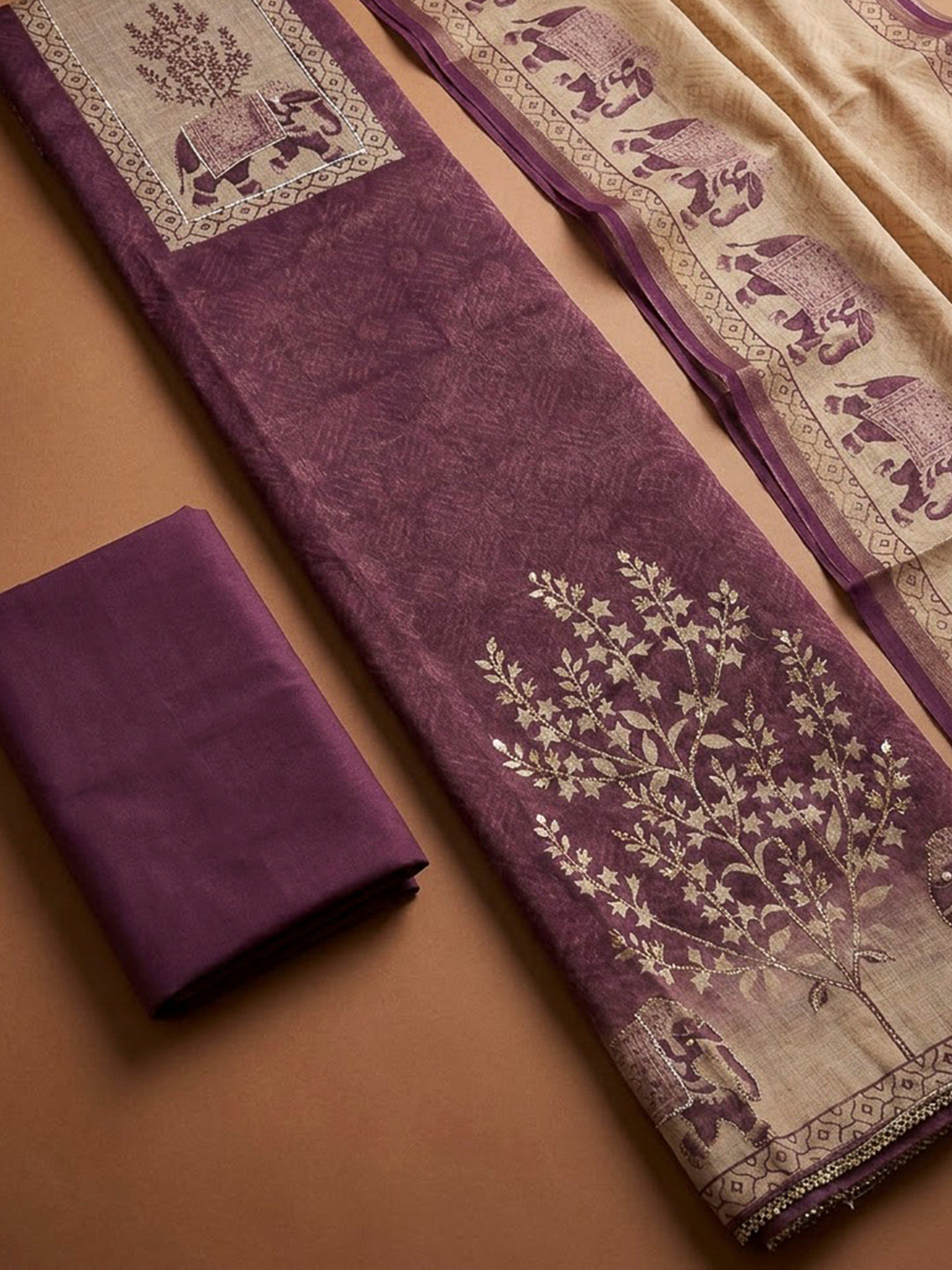 Wine Linen Blend Printed Unstitched Dress Material