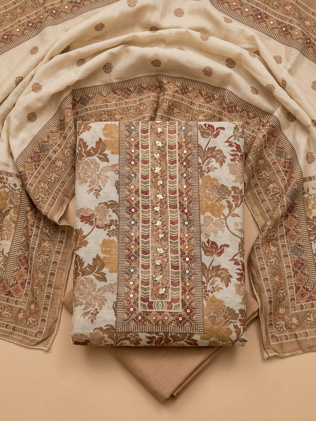 Beige Chanderi Printed Unstitched Dress Material