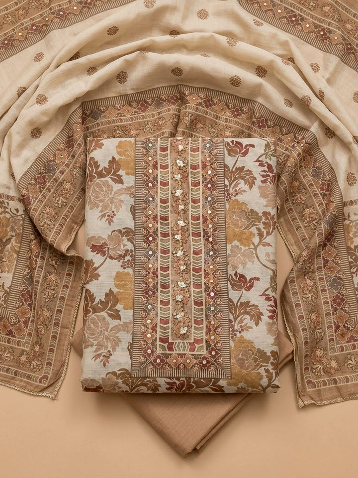 Beige Chanderi Printed Unstitched Dress Material