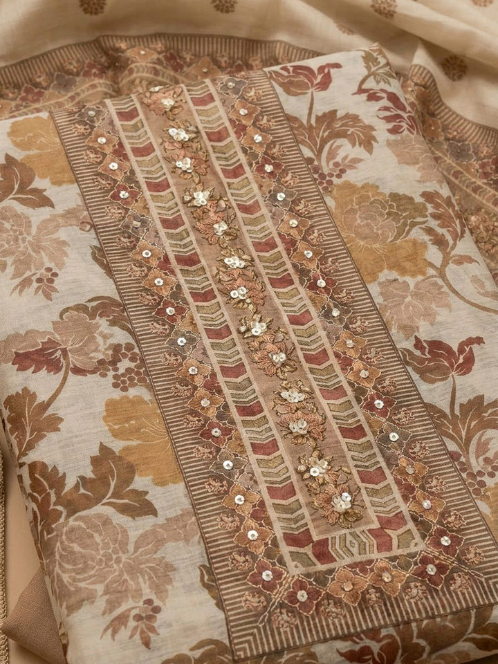 Beige Chanderi Printed Unstitched Dress Material