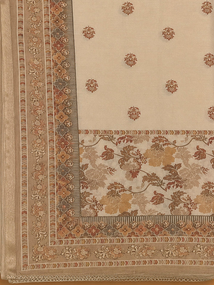 Beige Chanderi Printed Unstitched Dress Material