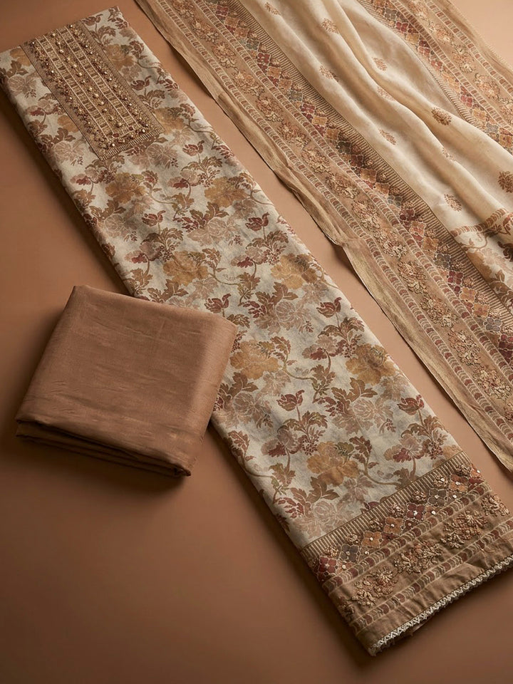 Beige Chanderi Printed Unstitched Dress Material