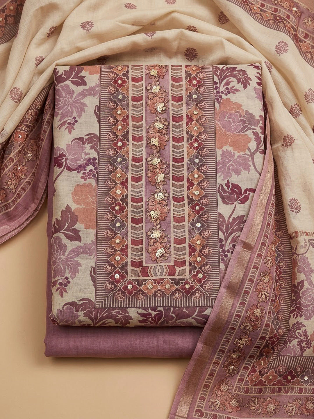 Lavender Chanderi Printed Unstitched Dress Material