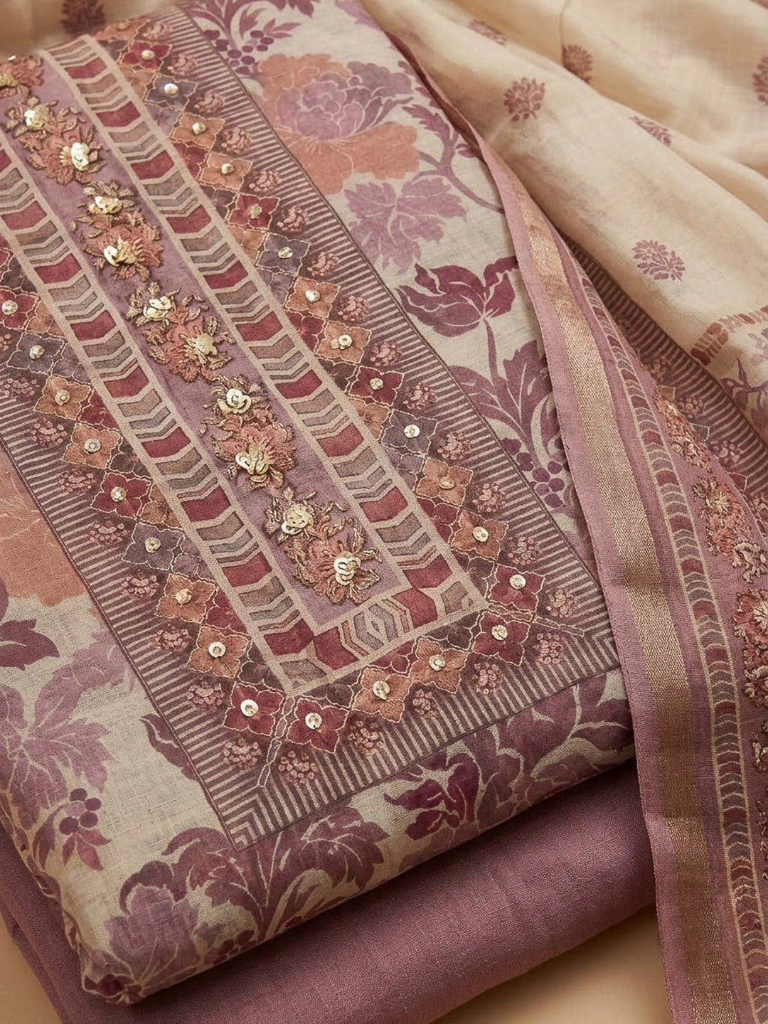 Lavender Chanderi Printed Unstitched Dress Material