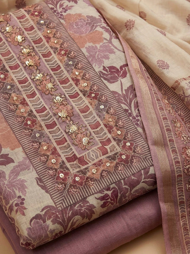Lavender Chanderi Printed Unstitched Dress Material