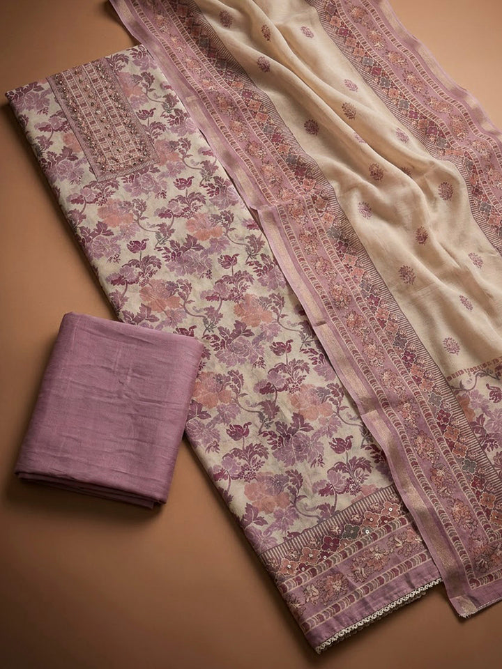 Lavender Chanderi Printed Unstitched Dress Material