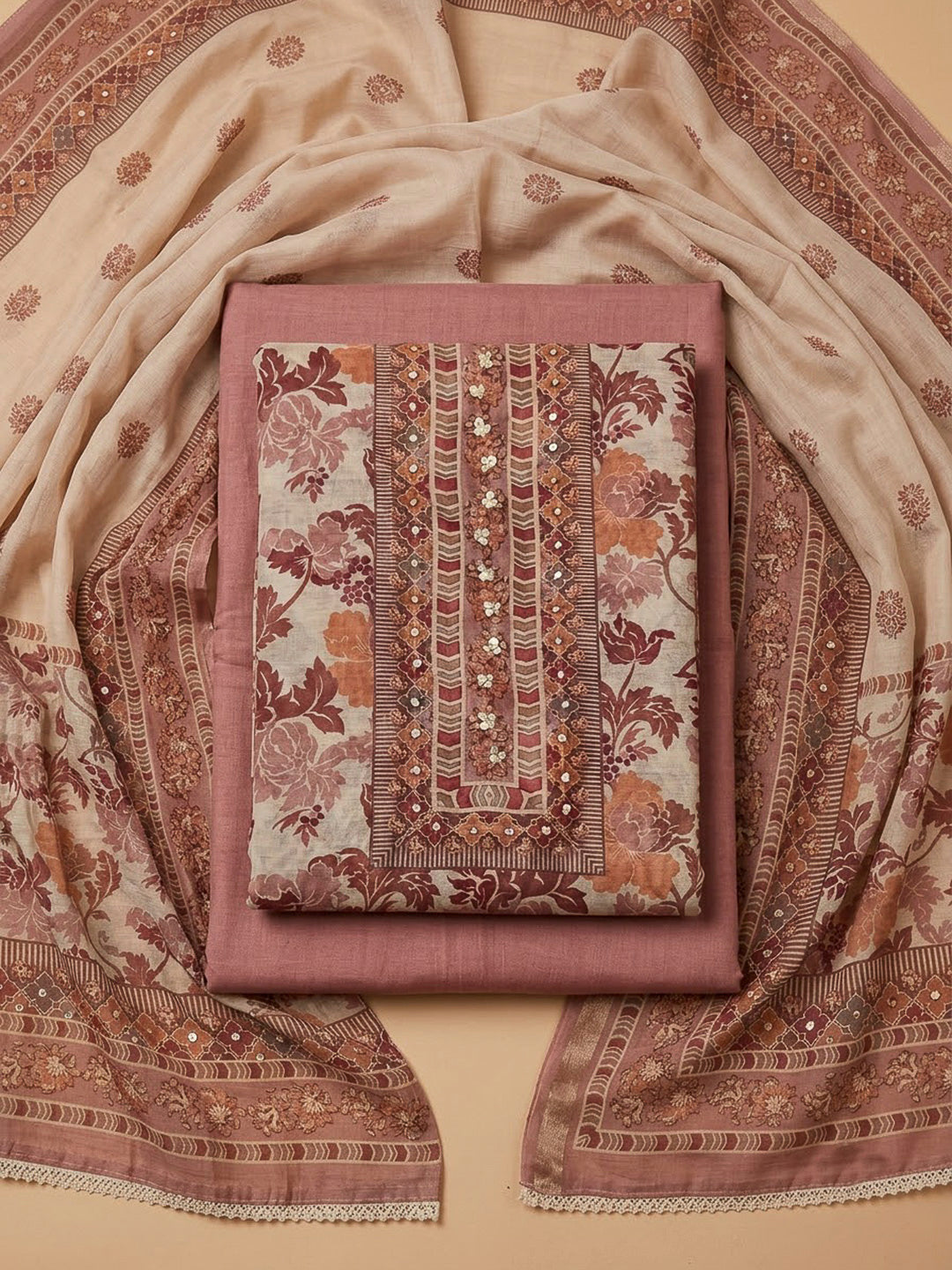 Onion Pink Chanderi Printed Unstitched Dress Material