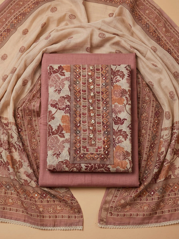 Onion Pink Chanderi Printed Unstitched Dress Material