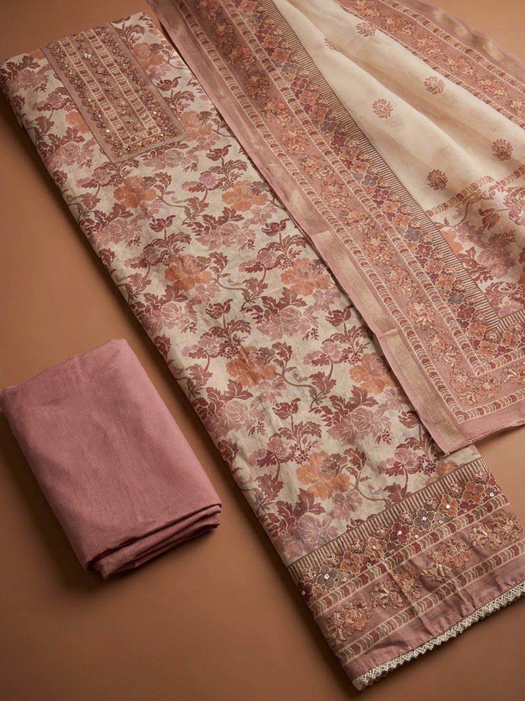 Onion Pink Chanderi Printed Unstitched Dress Material