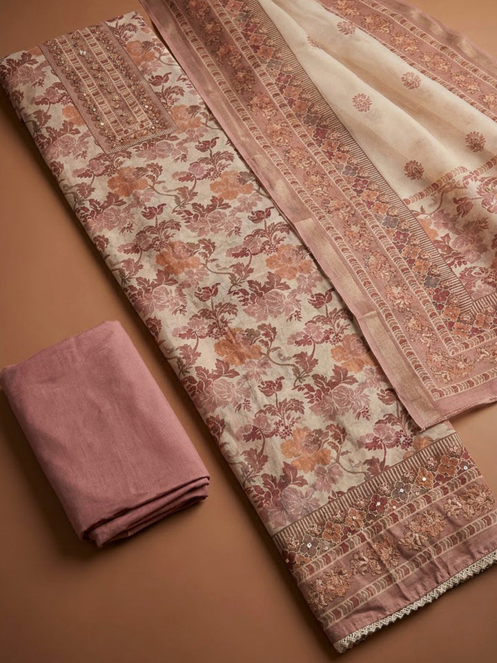 Onion Pink Chanderi Printed Unstitched Dress Material