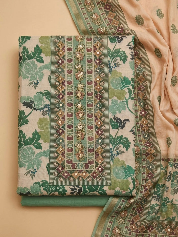Rama Green Chanderi Printed Unstitched Dress Material