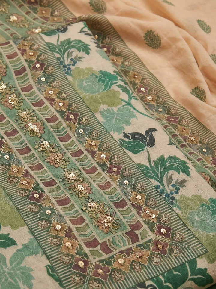 Rama Green Chanderi Printed Unstitched Dress Material