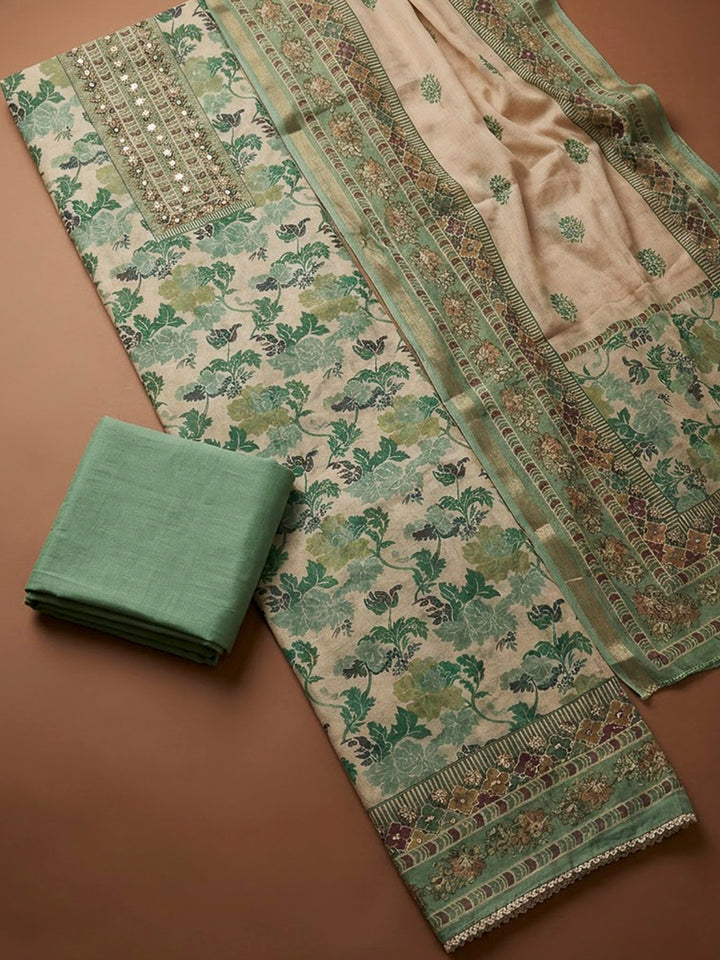 Rama Green Chanderi Printed Unstitched Dress Material