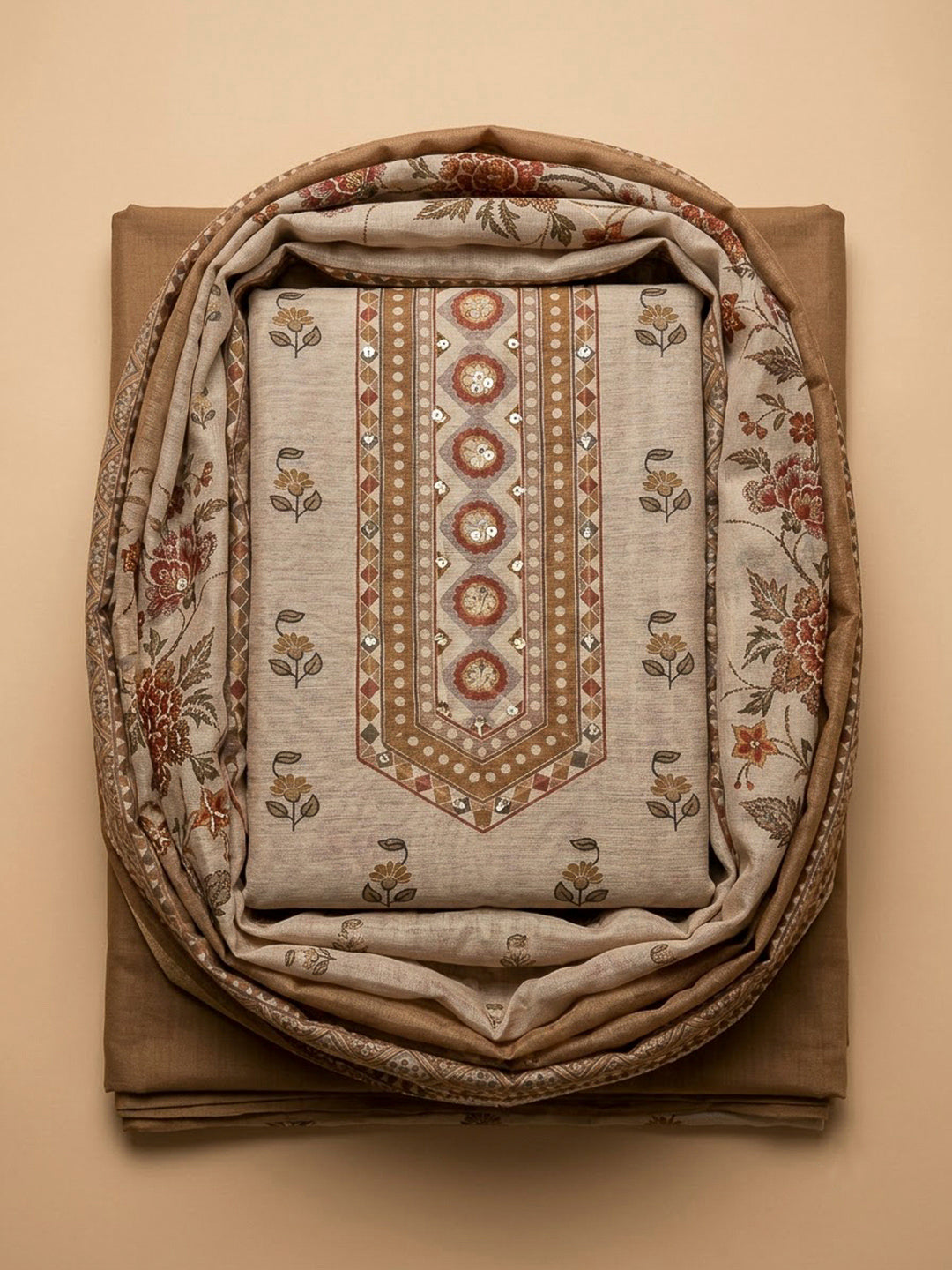 Beige Chanderi Printed Unstitched Dress Material