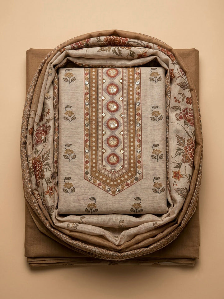 Beige Chanderi Printed Unstitched Dress Material