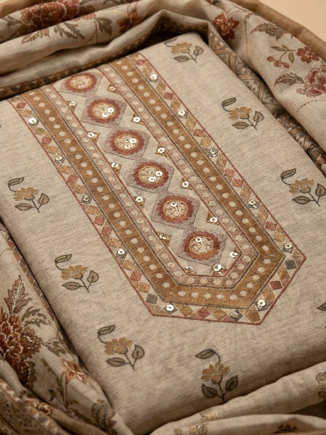 Beige Chanderi Printed Unstitched Dress Material