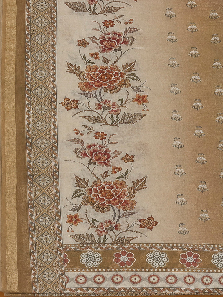 Beige Chanderi Printed Unstitched Dress Material