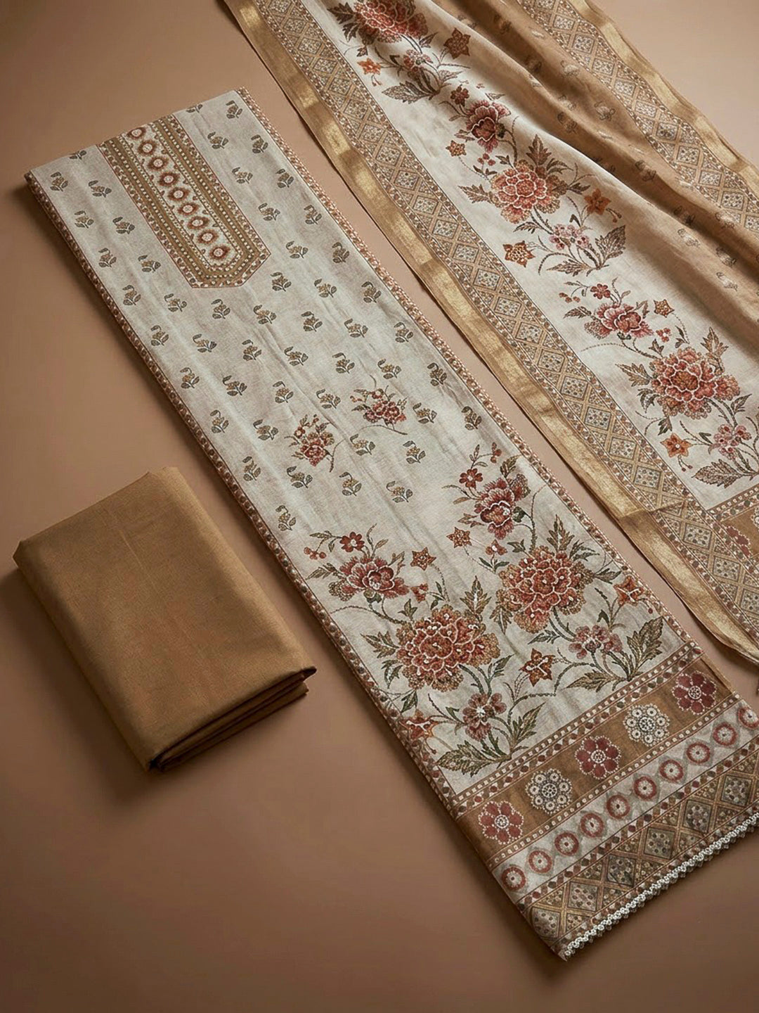 Beige Chanderi Printed Unstitched Dress Material
