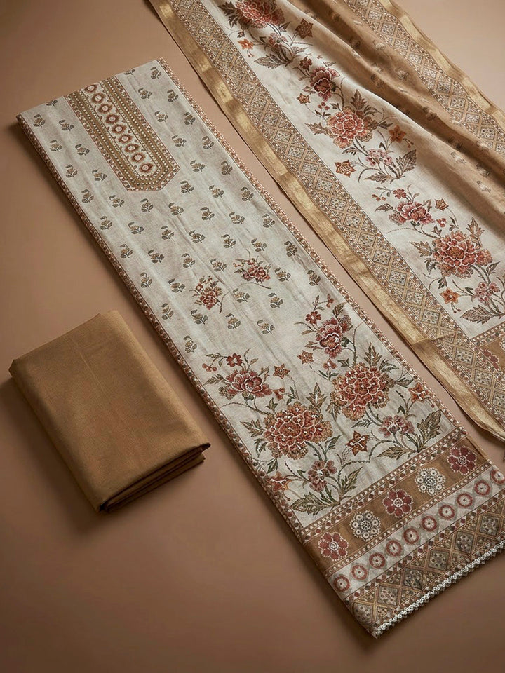 Beige Chanderi Printed Unstitched Dress Material