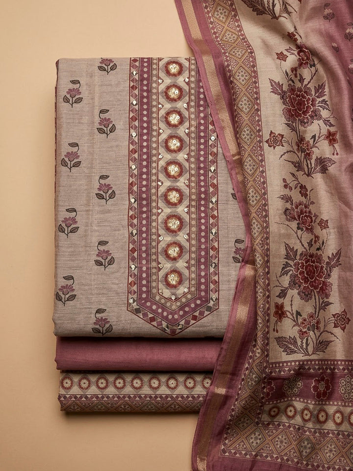 Lavender Chanderi Printed Unstitched Dress Material