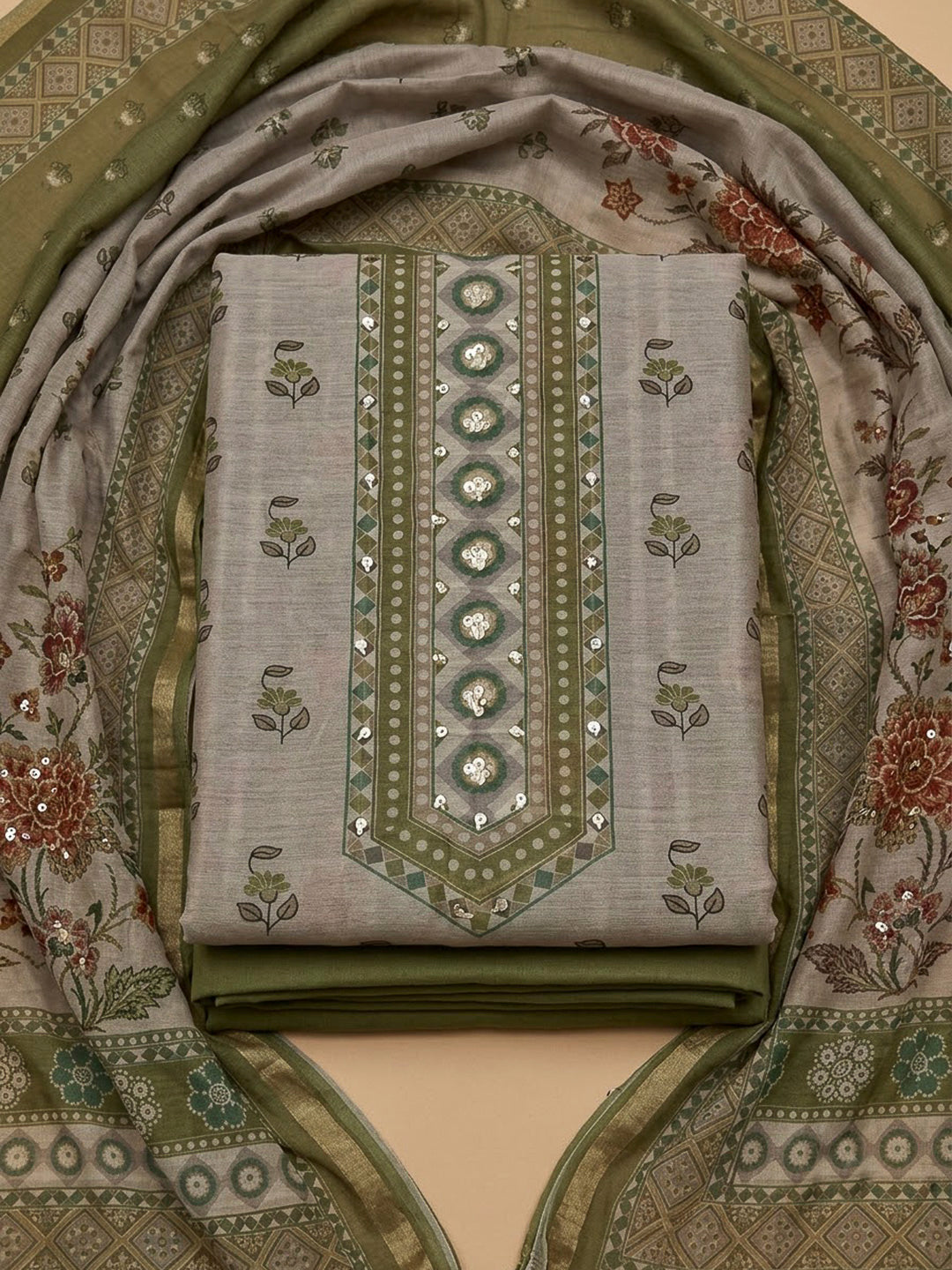 Mehndi Chanderi Printed Unstitched Dress Material
