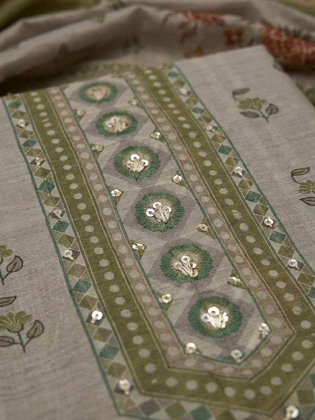 Mehndi Chanderi Printed Unstitched Dress Material