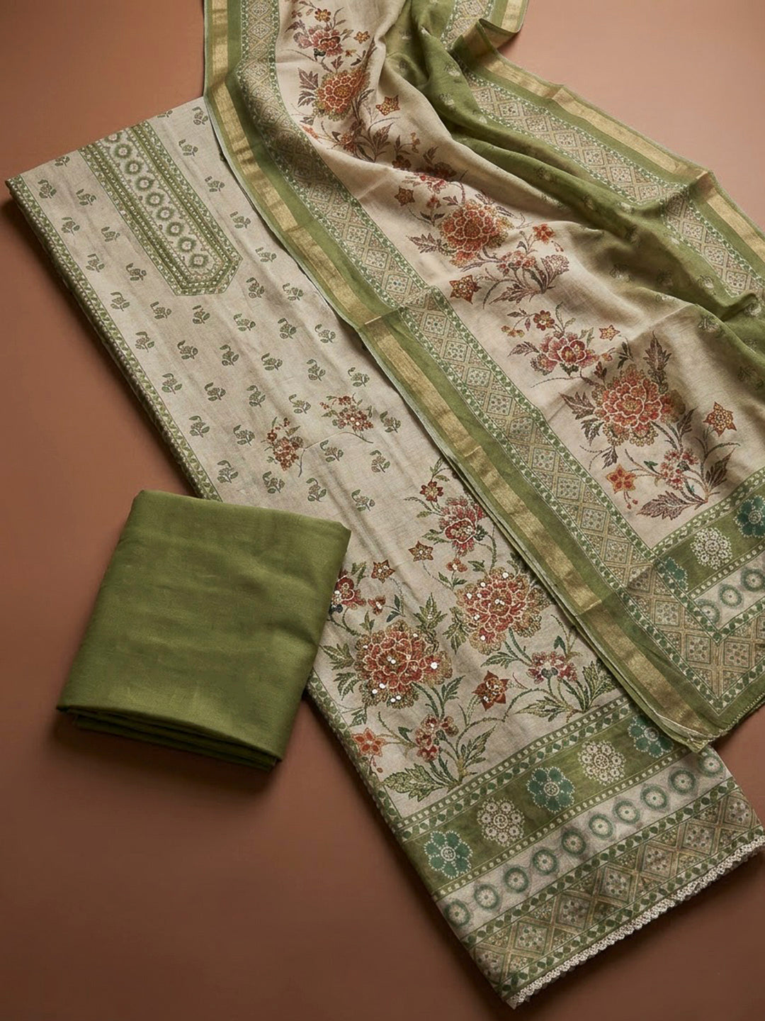 Mehndi Chanderi Printed Unstitched Dress Material