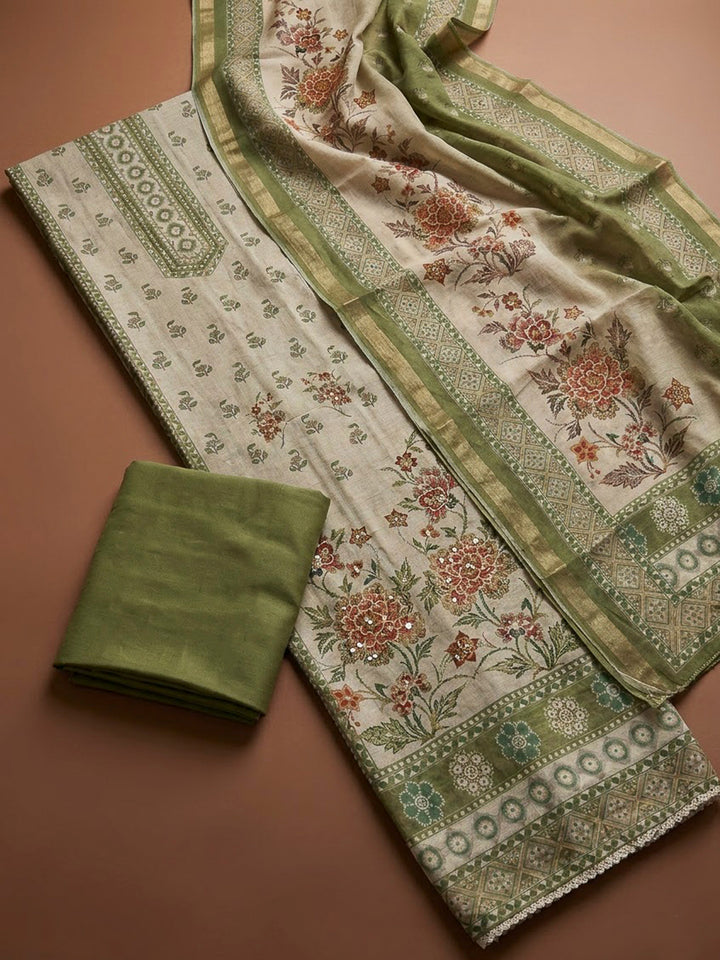 Mehndi Chanderi Printed Unstitched Dress Material