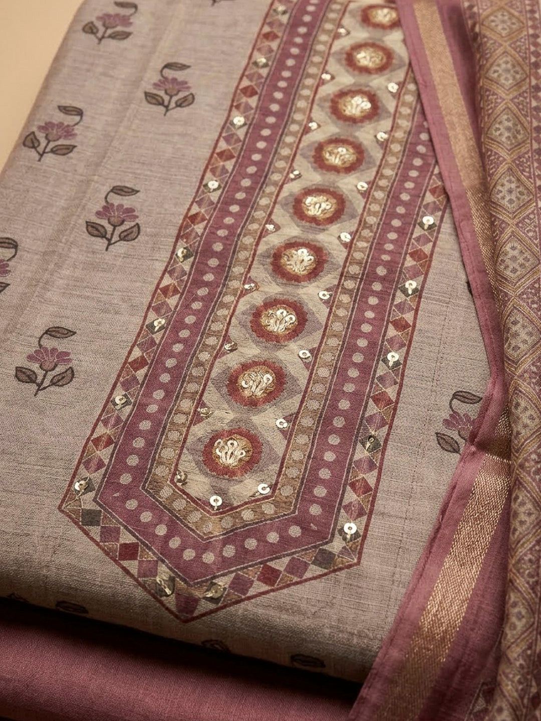 Onion Pink Chanderi Printed Unstitched Dress Material