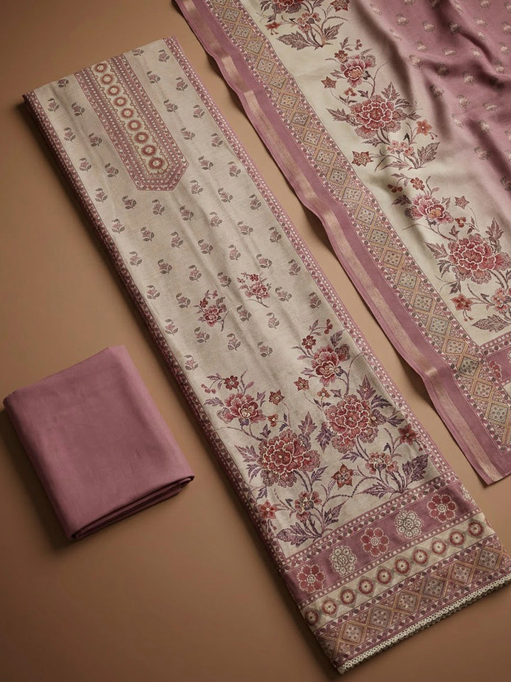 Onion Pink Chanderi Printed Unstitched Dress Material