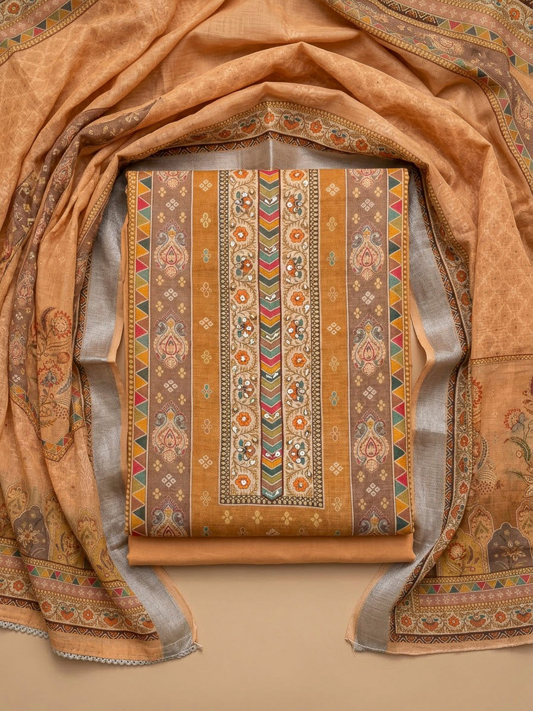 Mustard Chanderi Printed Unstitched Dress Material