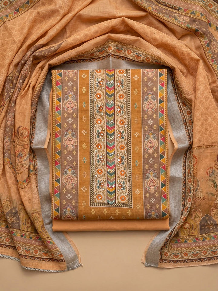 Mustard Chanderi Printed Unstitched Dress Material