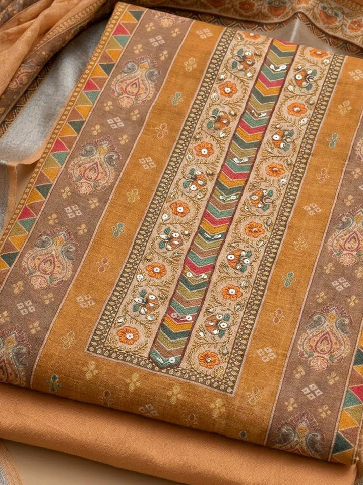 Mustard Chanderi Printed Unstitched Dress Material