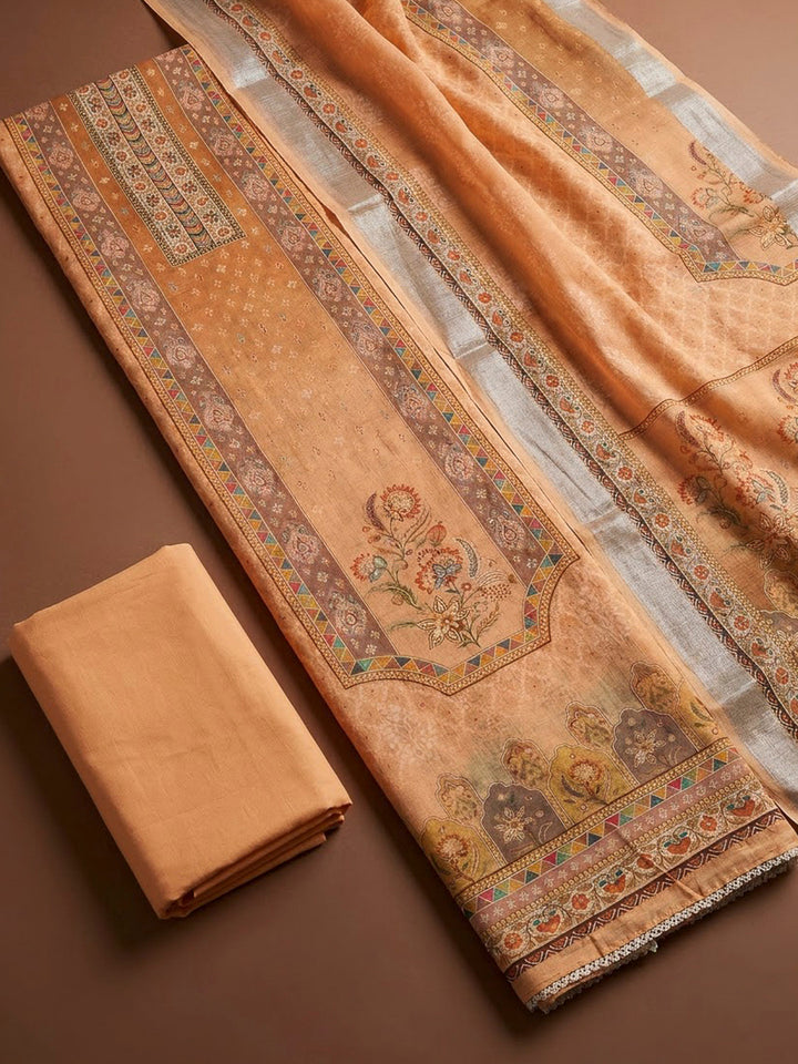 Mustard Chanderi Printed Unstitched Dress Material