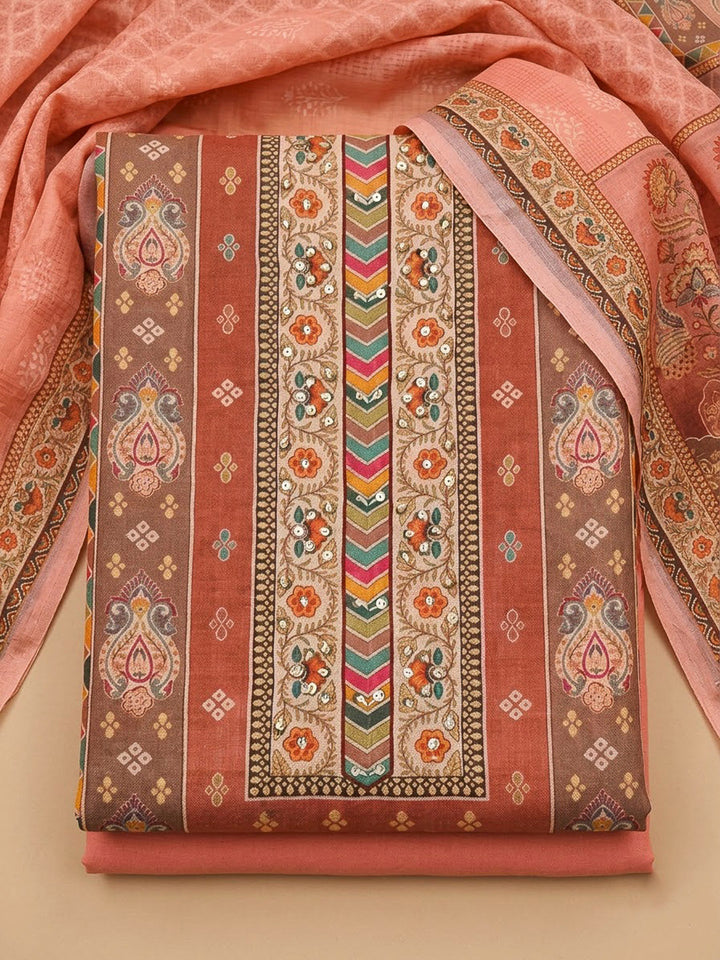 Peach Chanderi Printed Unstitched Dress Material