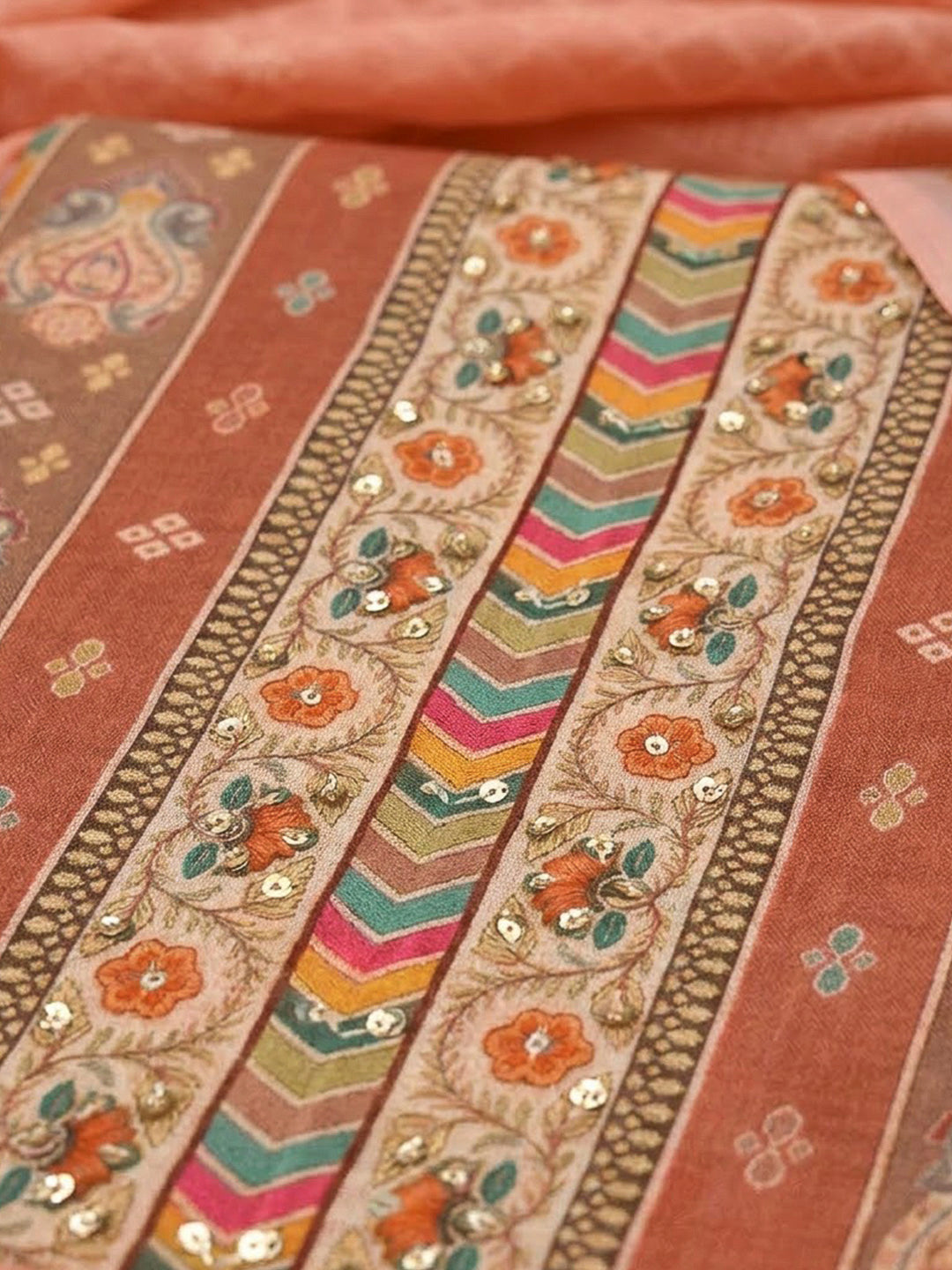 Peach Chanderi Printed Unstitched Dress Material