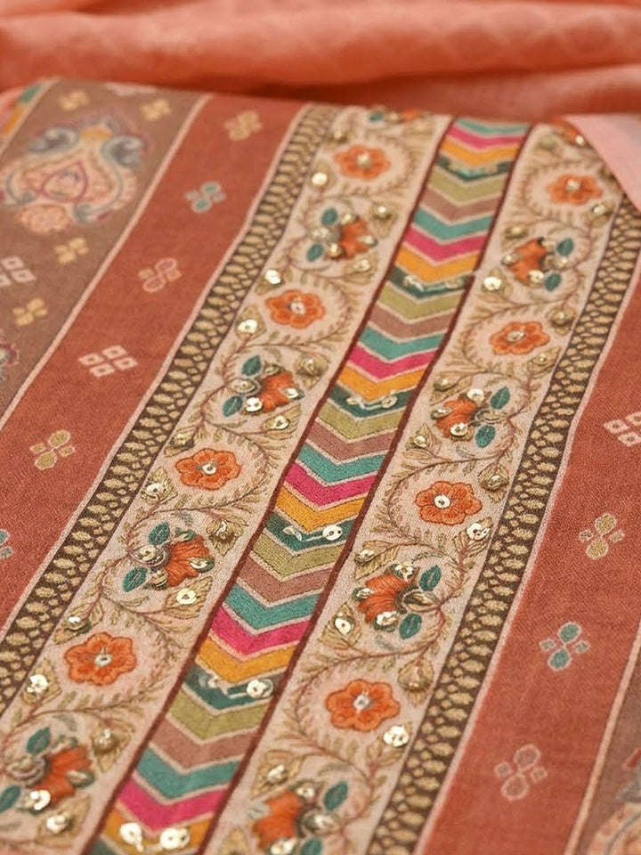 Peach Chanderi Printed Unstitched Dress Material