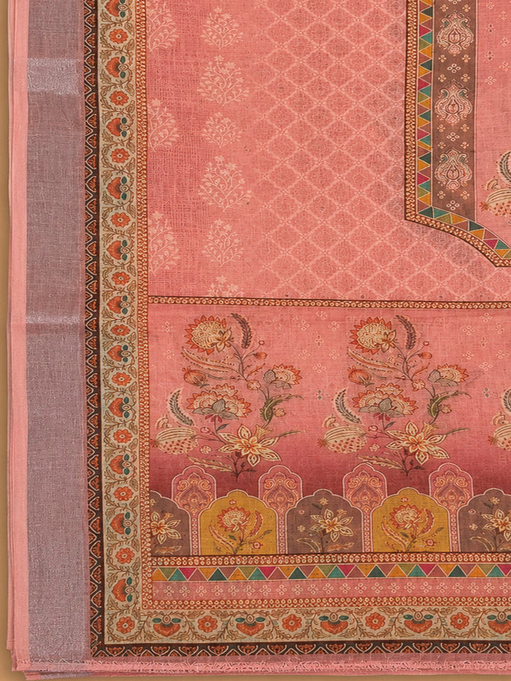Peach Chanderi Printed Unstitched Dress Material