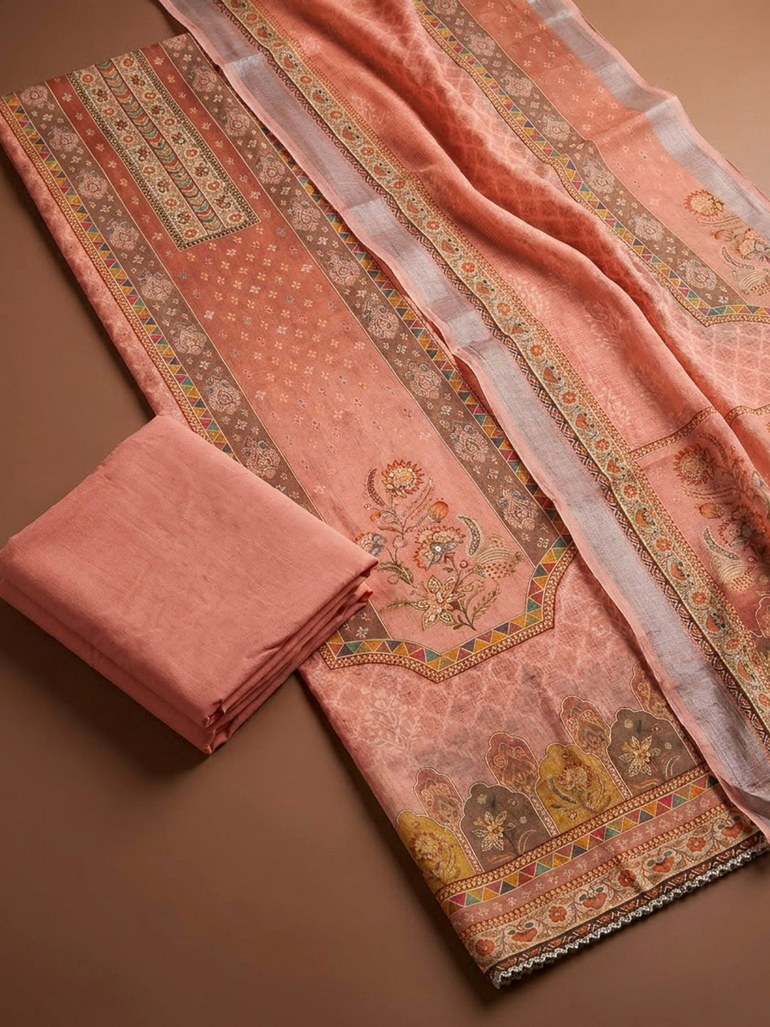 Peach Chanderi Printed Unstitched Dress Material