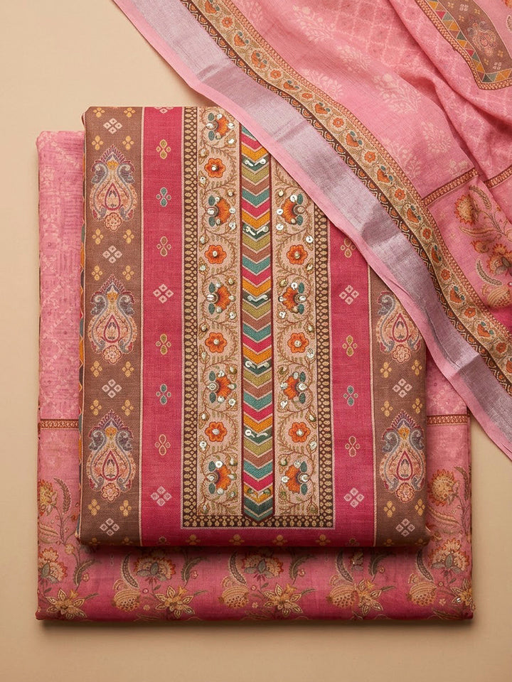 Pink Chanderi Printed Unstitched Dress Material