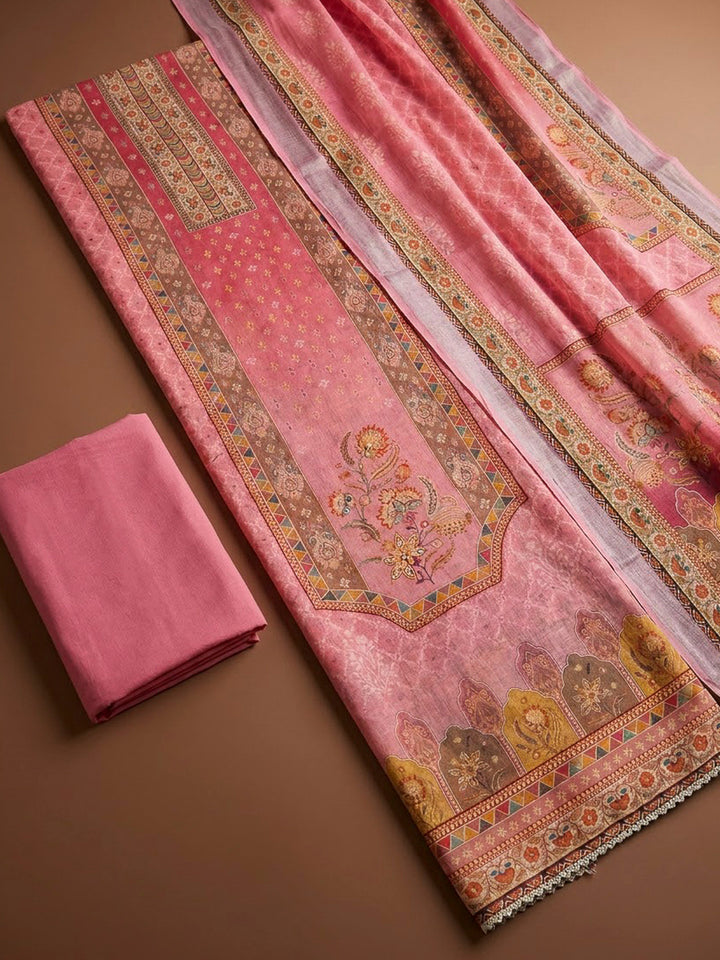 Pink Chanderi Printed Unstitched Dress Material