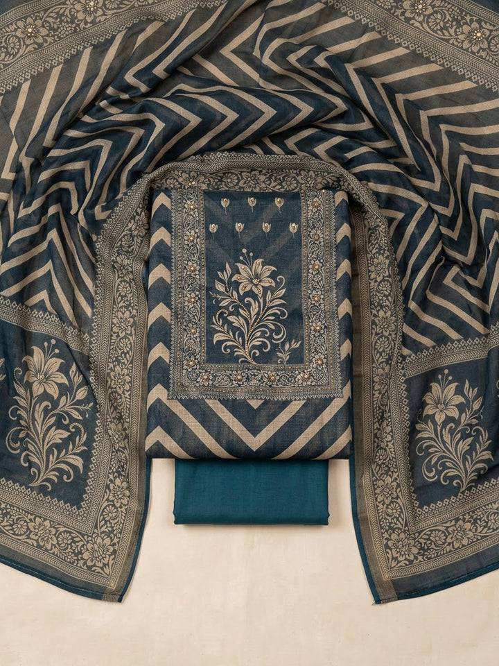 Blue Linen Blend Printed Unstitched Dress Material