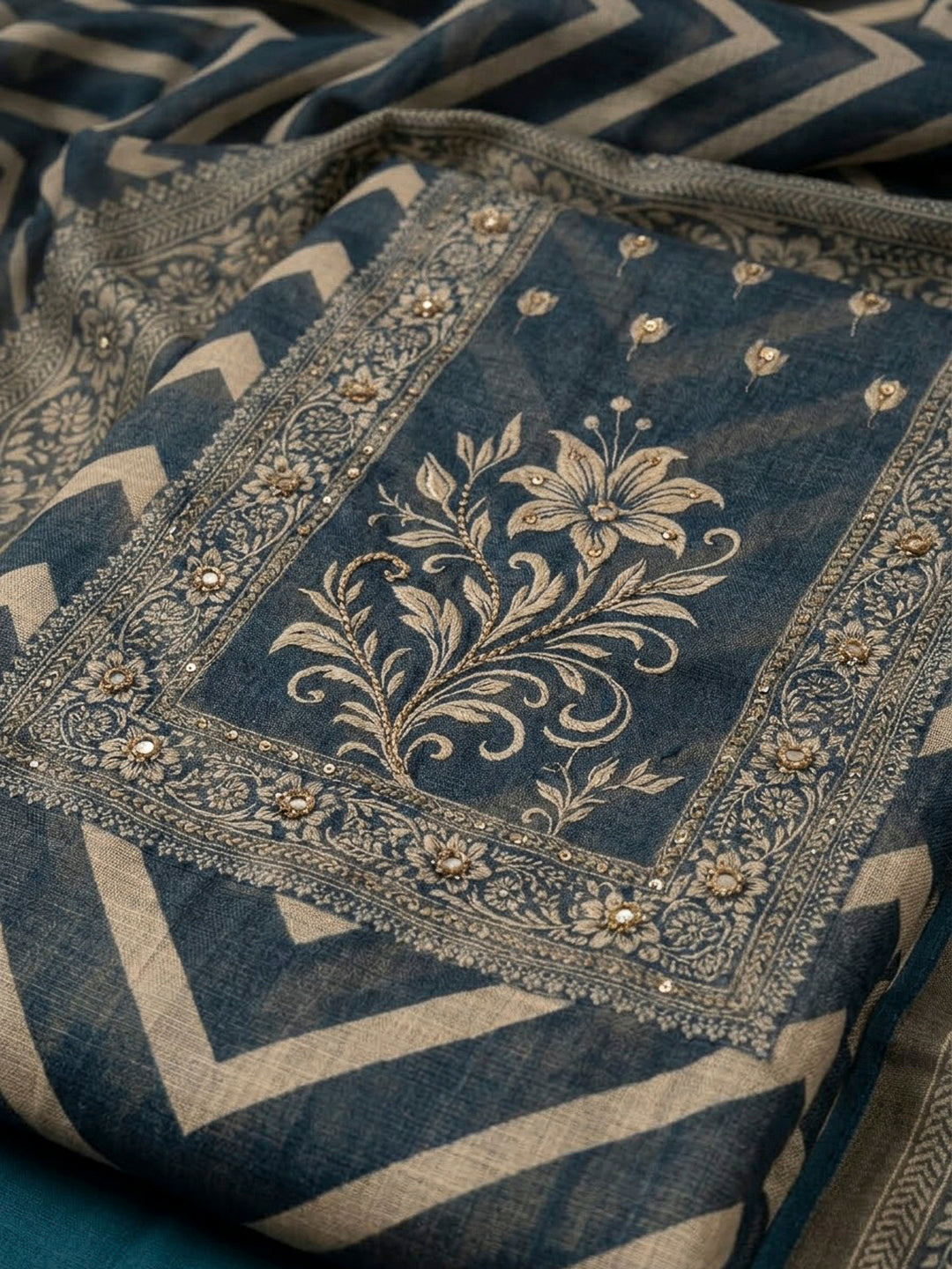 Blue Linen Blend Printed Unstitched Dress Material