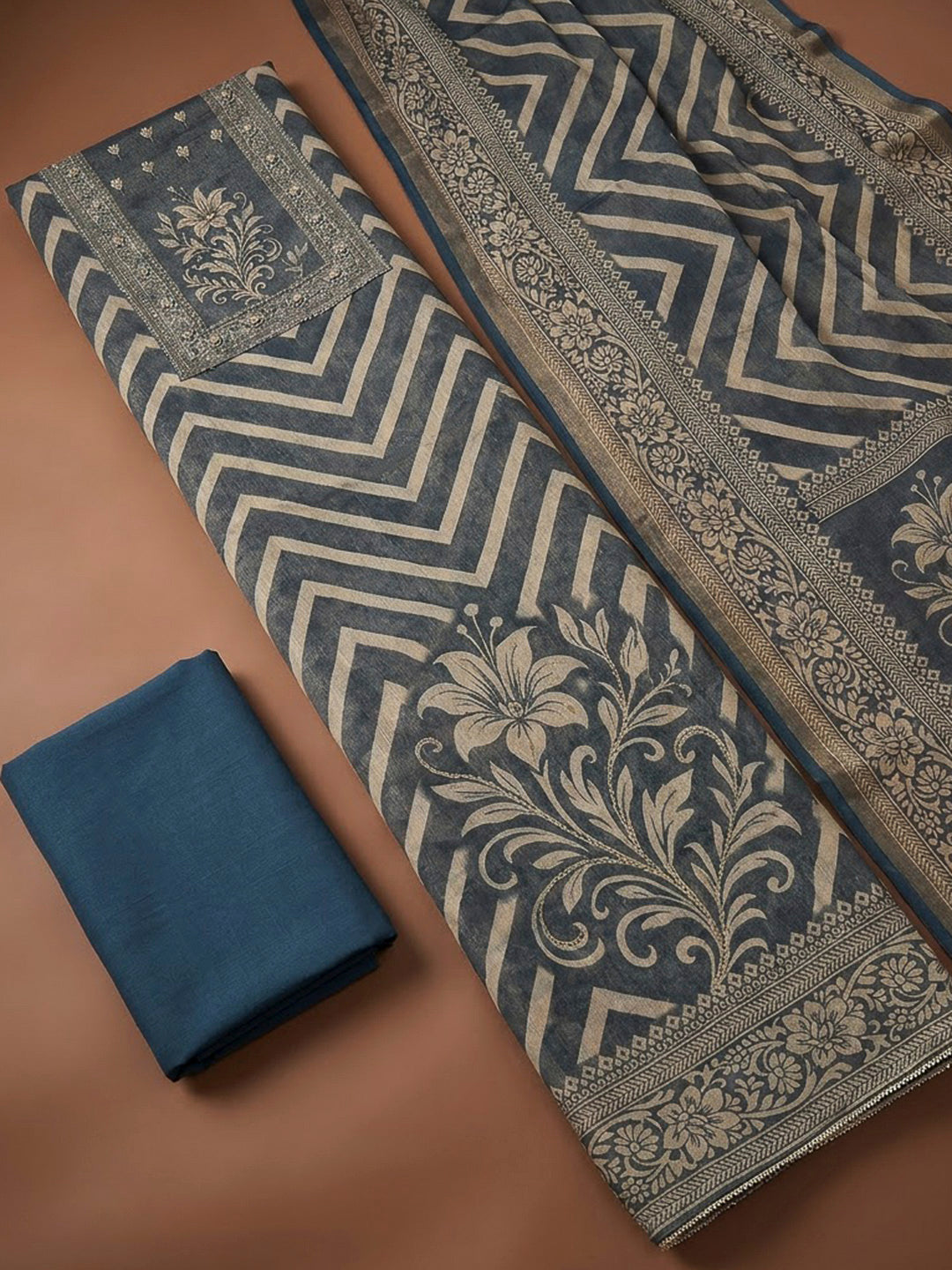Blue Linen Blend Printed Unstitched Dress Material